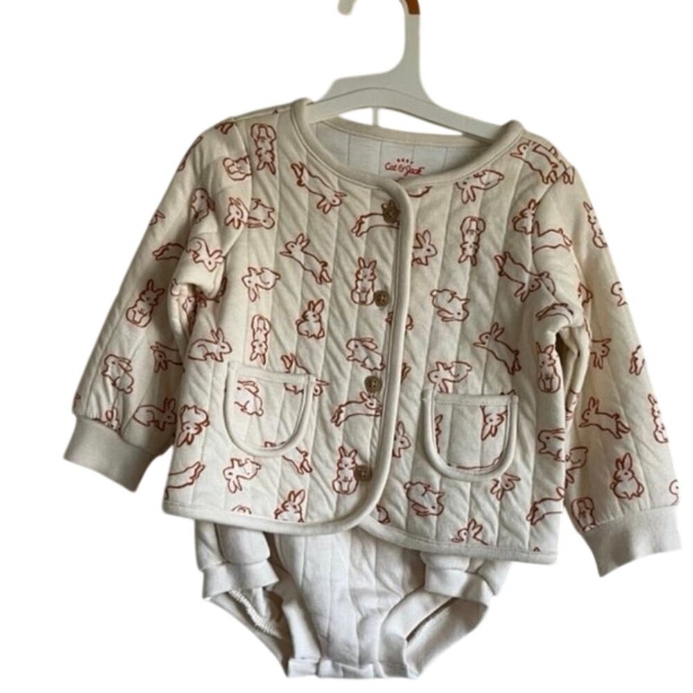 Cat & Jack 12M Bunny Print Cardigan Set Baby Outfit Off White NWT